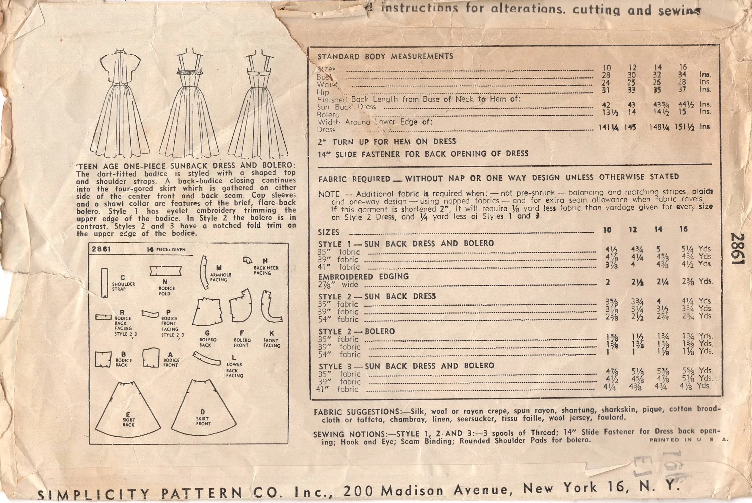1940's Simplicity Sundress with Thin Straps and Bolero Pattern - Bust 30" - No. 2861