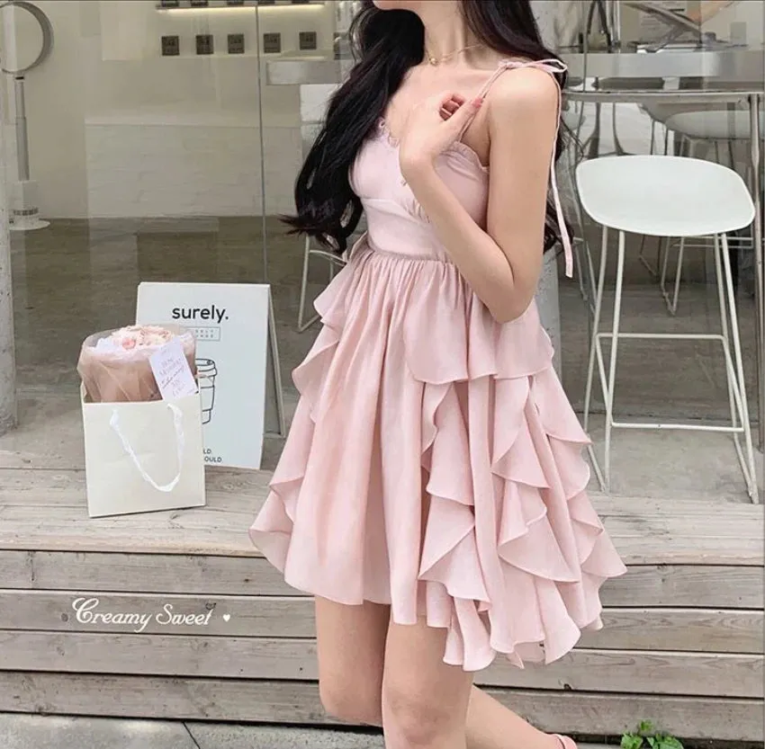 Aiertu Women's Sexy Mini Dress, Sleeveless, High Waist, Ruffle, Kawaii, Japanese, Young Girl, Casual Sundress, Summer,