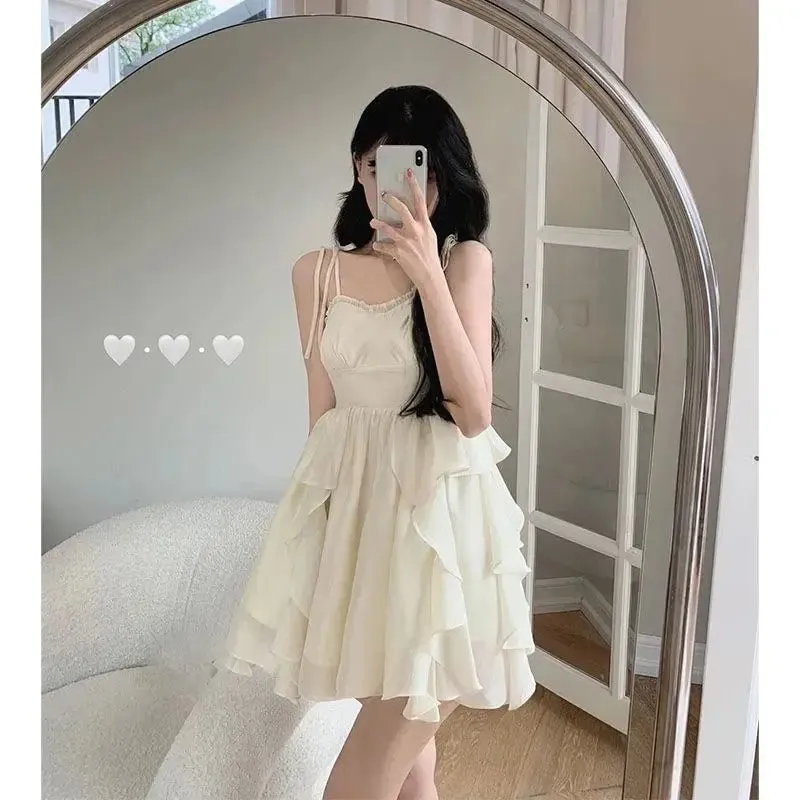 Aiertu Women's Sexy Mini Dress, Sleeveless, High Waist, Ruffle, Kawaii, Japanese, Young Girl, Casual Sundress, Summer,
