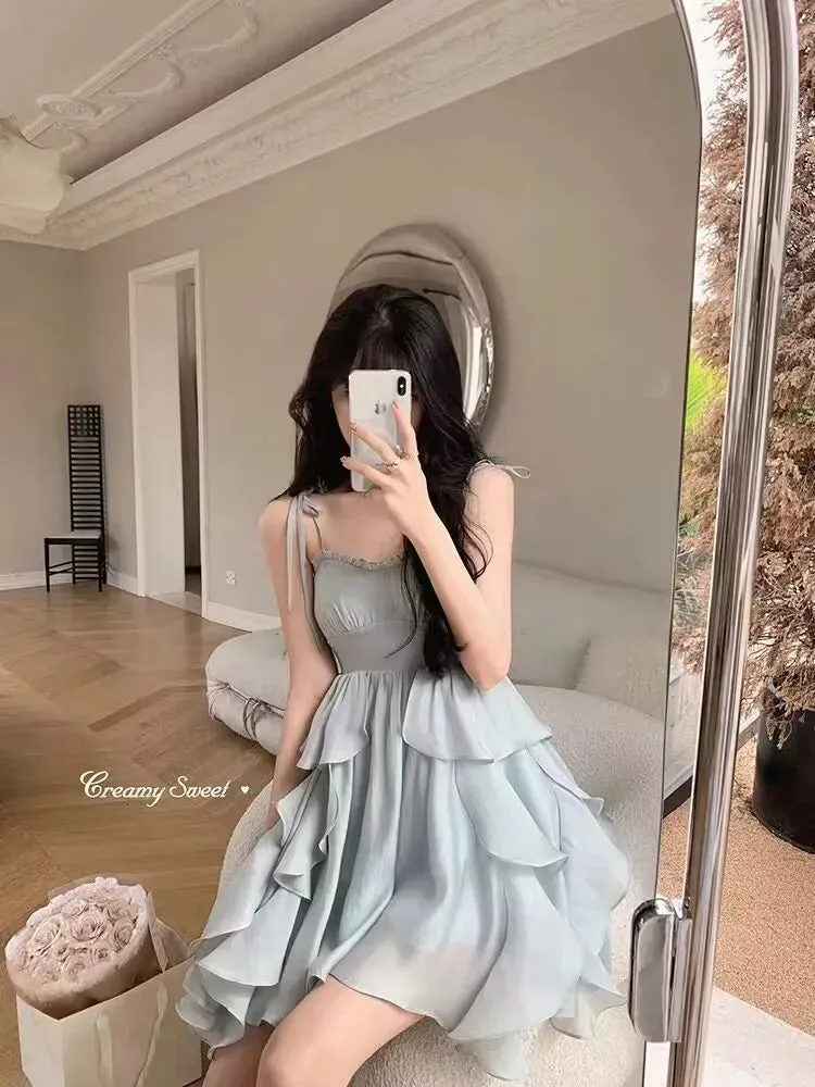 Aiertu Women's Sexy Mini Dress, Sleeveless, High Waist, Ruffle, Kawaii, Japanese, Young Girl, Casual Sundress, Summer,