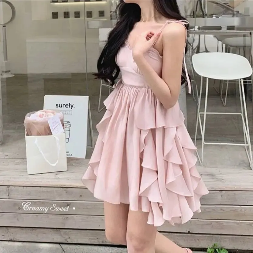 Aiertu Women's Sexy Mini Dress, Sleeveless, High Waist, Ruffle, Kawaii, Japanese, Young Girl, Casual Sundress, Summer,