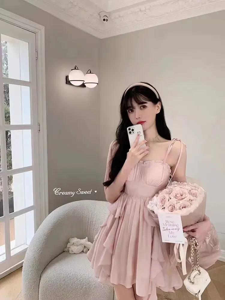 Aiertu Women's Sexy Mini Dress, Sleeveless, High Waist, Ruffle, Kawaii, Japanese, Young Girl, Casual Sundress, Summer,