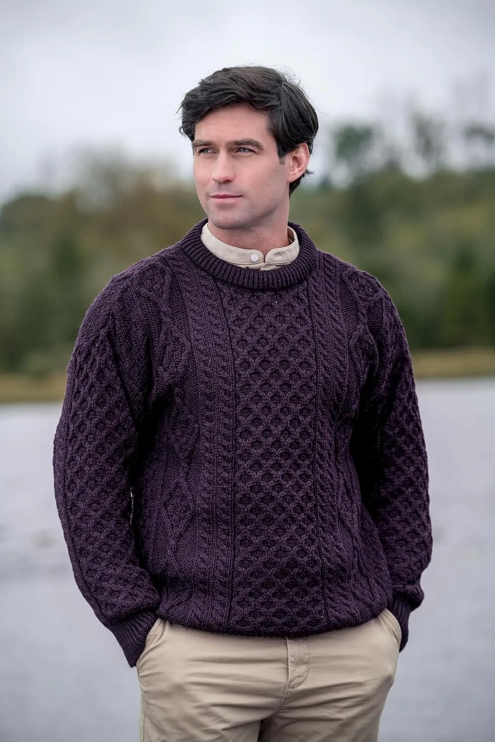 Aran Crafts Irish Soft Cable Knitted Crew Neck Unisex Sweater (100% Pure New Wool)