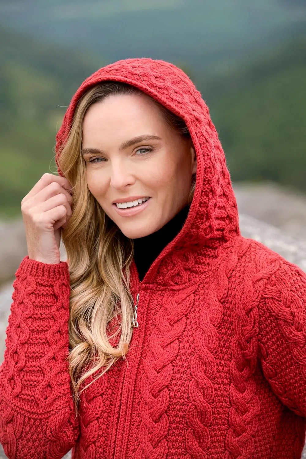 Aran Crafts Women's Irish Cable Knitted Wool Hooded Zip Coat (100% Merino Wool)