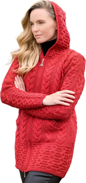 Aran Crafts Women's Irish Cable Knitted Wool Hooded Zip Coat (100% Merino Wool)