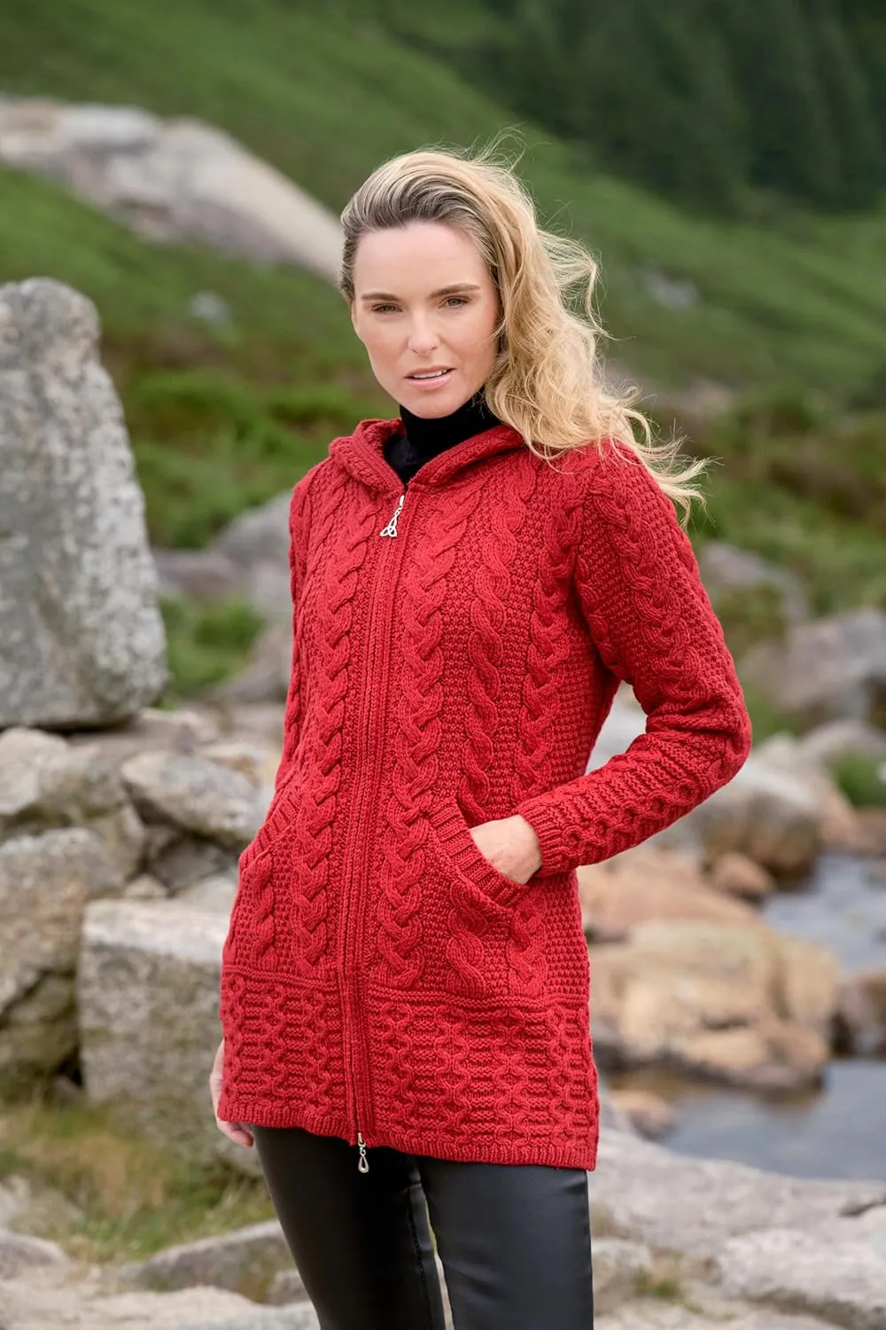 Aran Crafts Women's Irish Cable Knitted Wool Hooded Zip Coat (100% Merino Wool)
