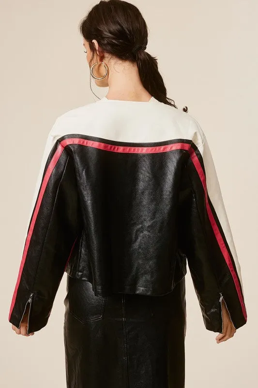 Barcelona Faux Leather Stripe Racer Moto Jacket