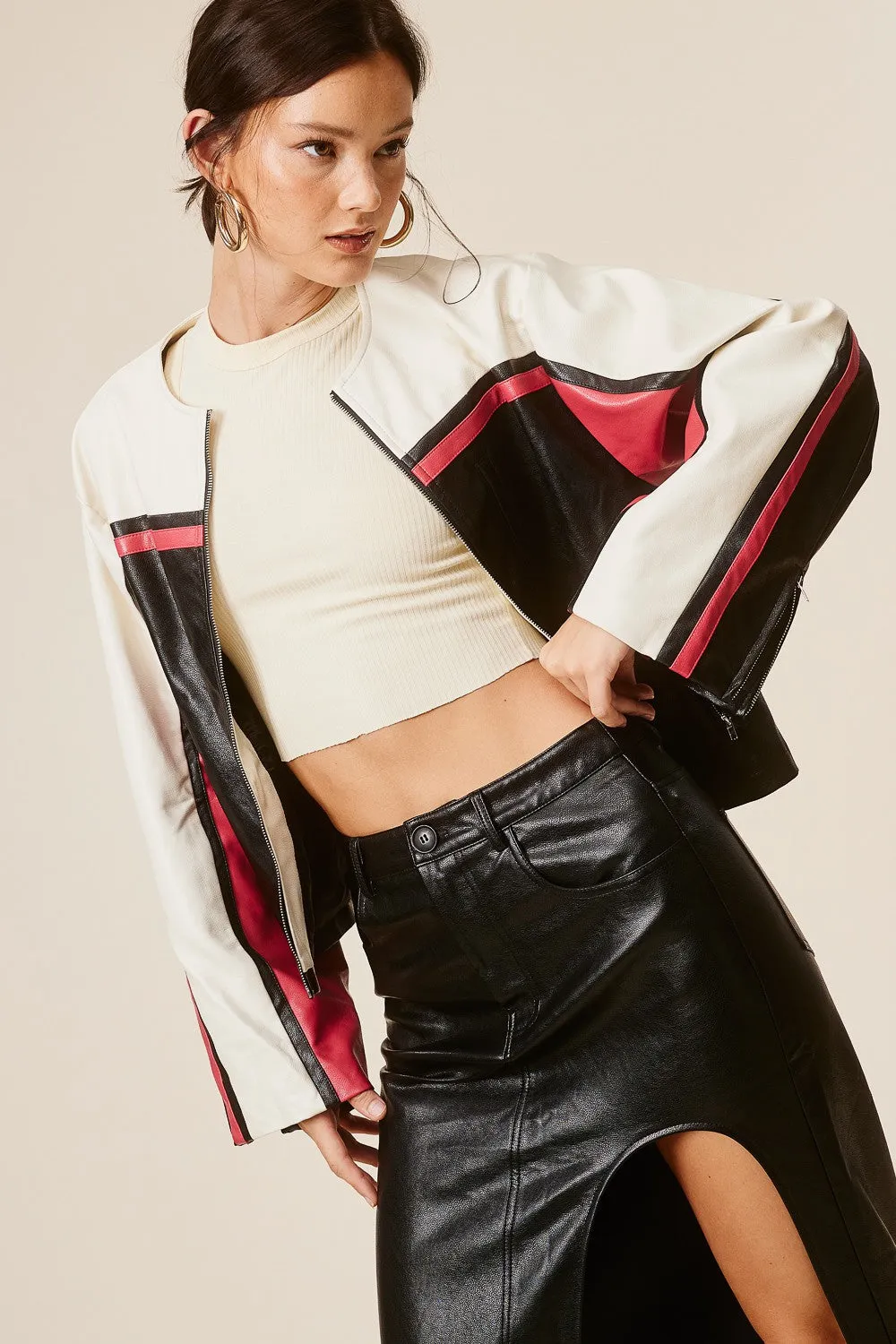 Barcelona Faux Leather Stripe Racer Moto Jacket