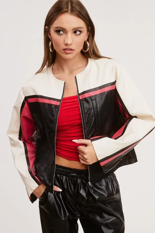 Barcelona Faux Leather Stripe Racer Moto Jacket