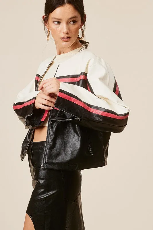 Barcelona Faux Leather Stripe Racer Moto Jacket