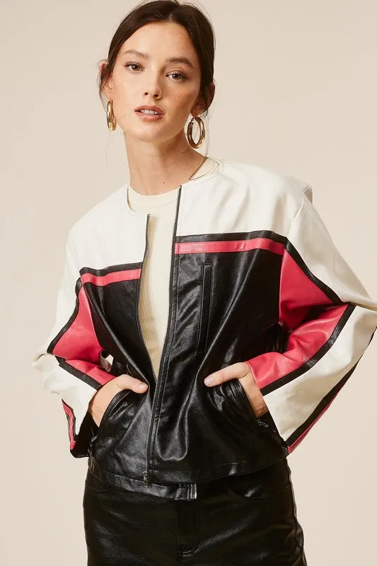 Barcelona Faux Leather Stripe Racer Moto Jacket