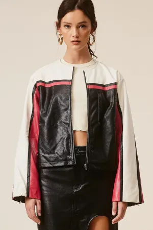 Barcelona Faux Leather Stripe Racer Moto Jacket