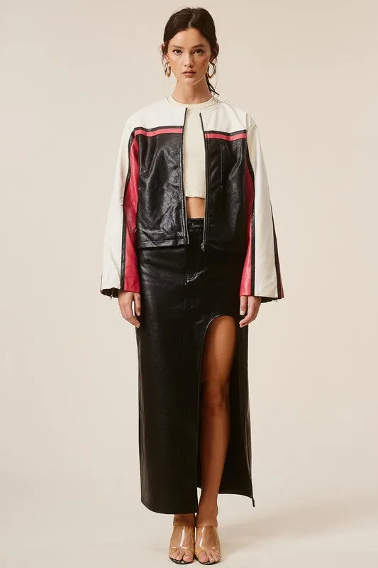 Barcelona Faux Leather Stripe Racer Moto Jacket