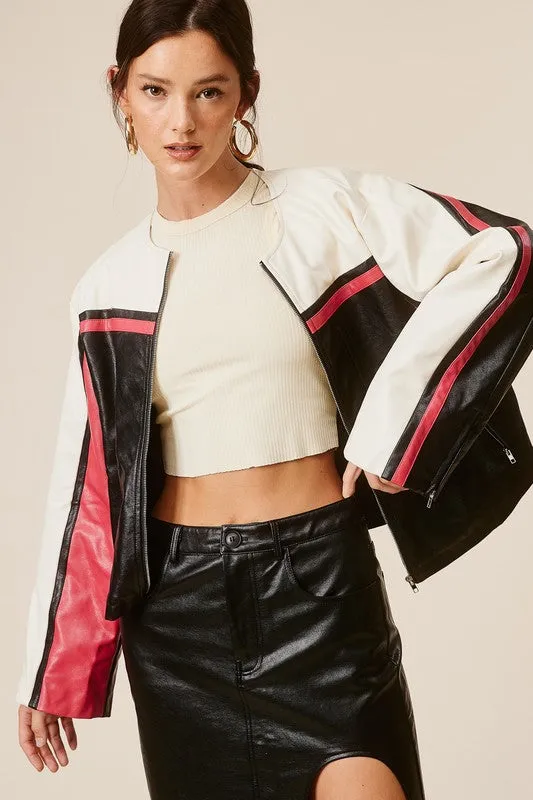 Barcelona Faux Leather Stripe Racer Moto Jacket