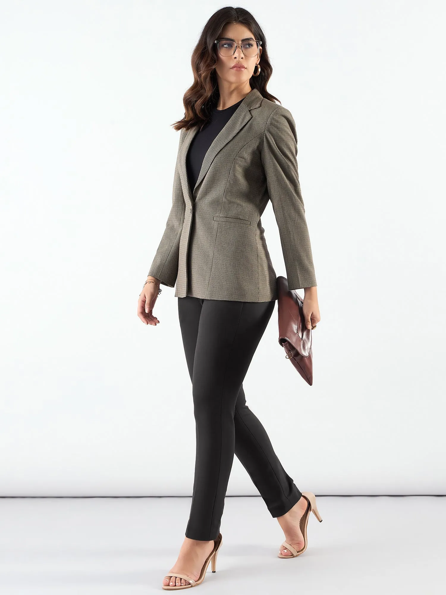 Beige Poly Viscose Notched Lapel Refined Check Blazer