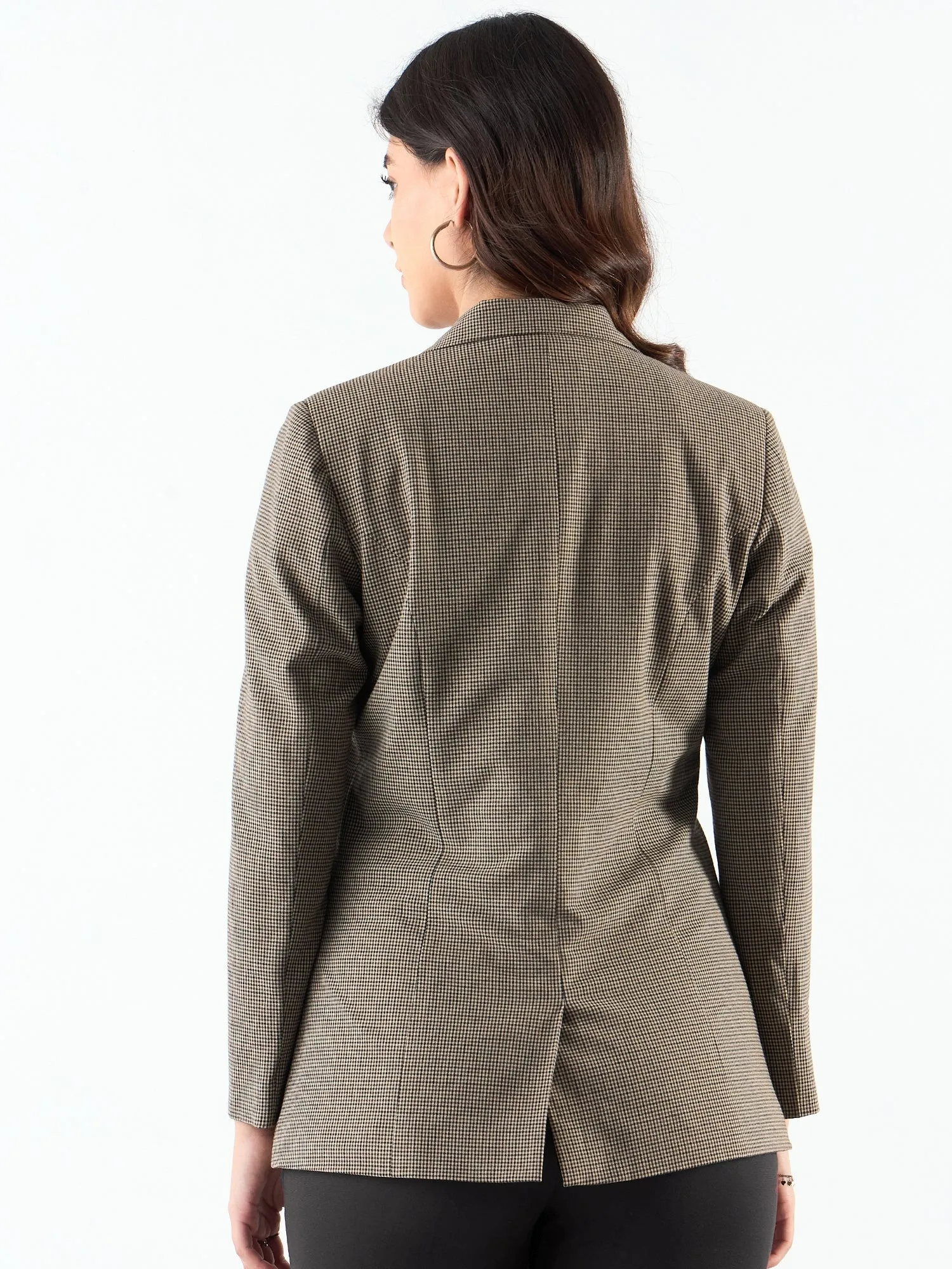 Beige Poly Viscose Notched Lapel Refined Check Blazer