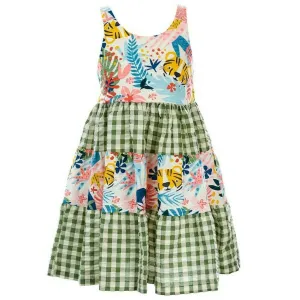 BONNIE BABY - Baby -  Sleeveless Tiered Mixed Tropical Print and Seersucker Check Dress