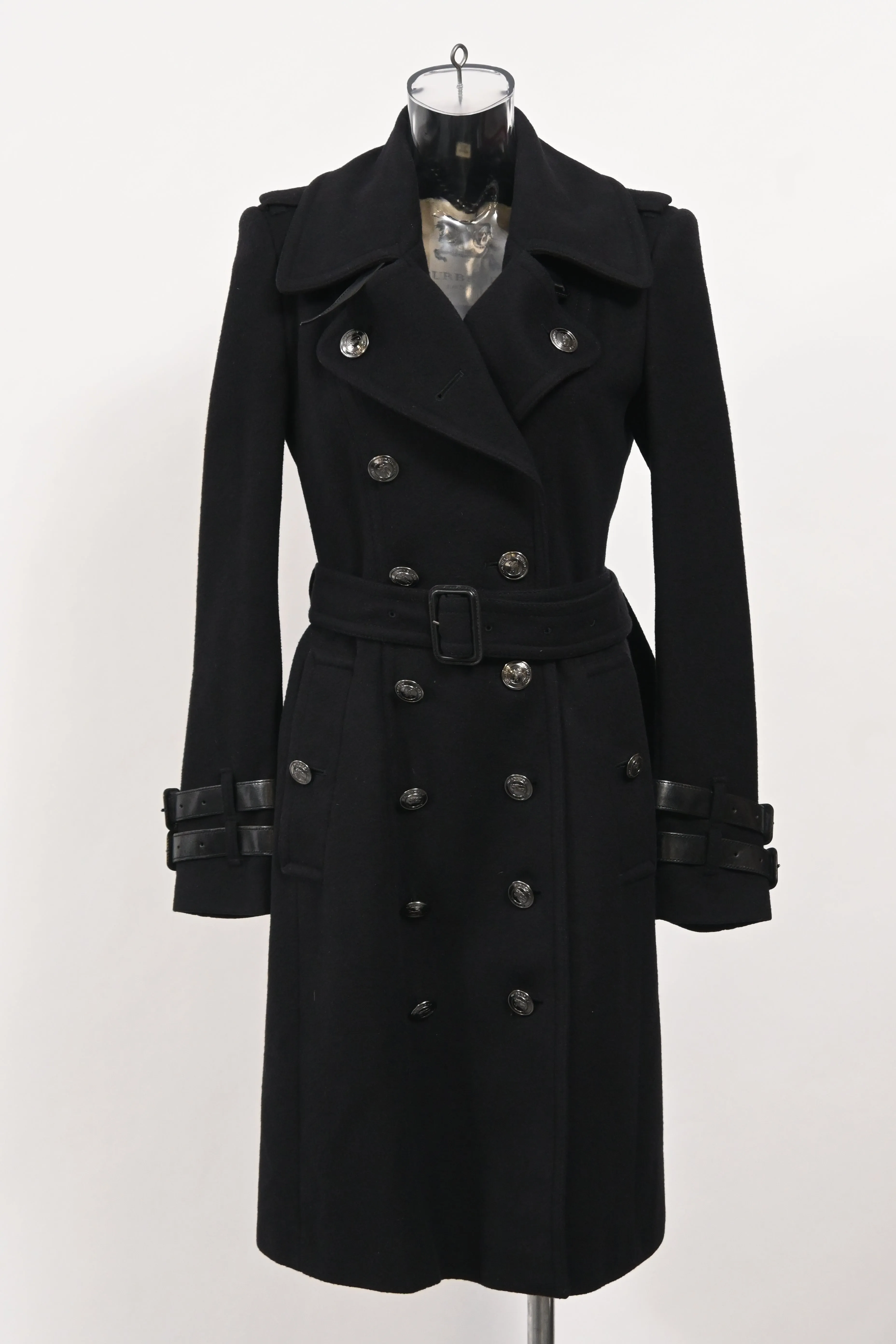 Burberry Belted Double-Breasted Trench Coat in Black Wool