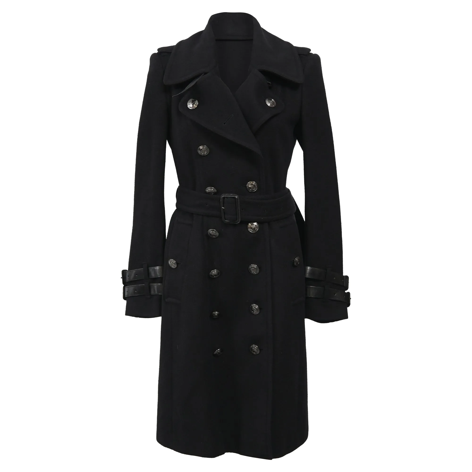 Burberry Belted Double-Breasted Trench Coat in Black Wool
