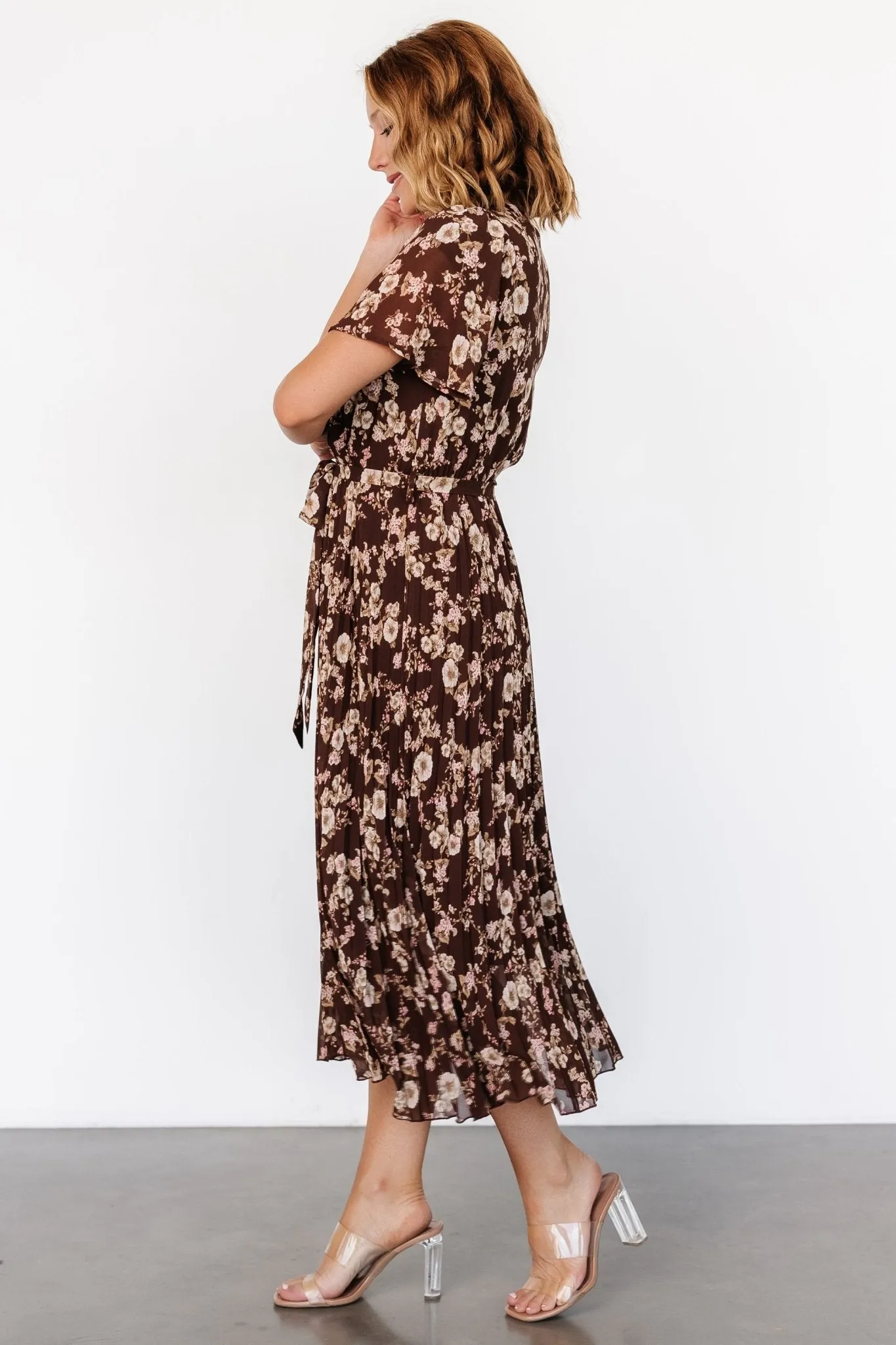 Cassidy Pleated Midi Dress | Brown Floral