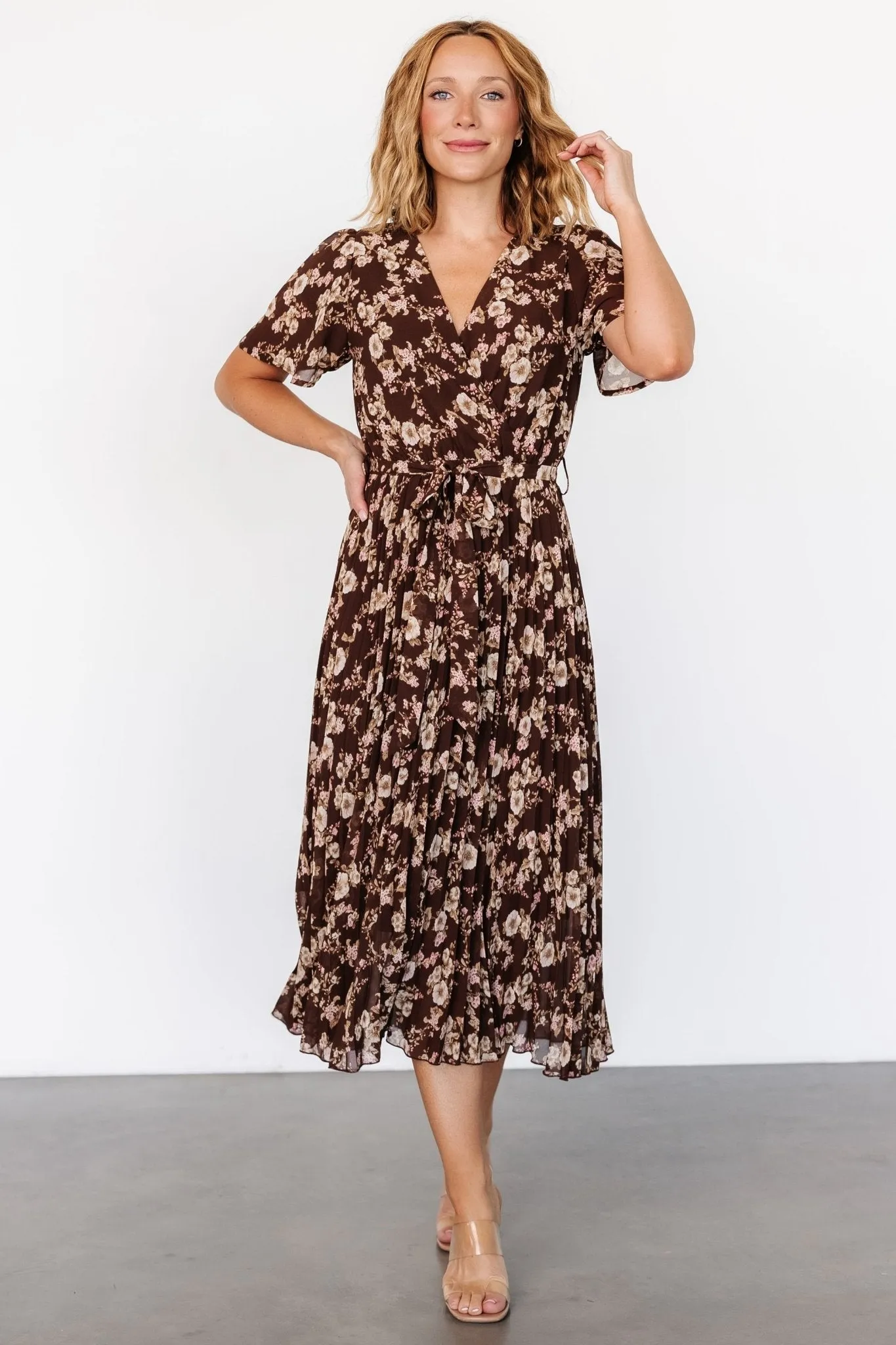 Cassidy Pleated Midi Dress | Brown Floral