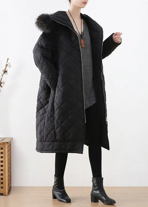 Casual Black Fur Collar Zippered Thick Hooded Parka Winter