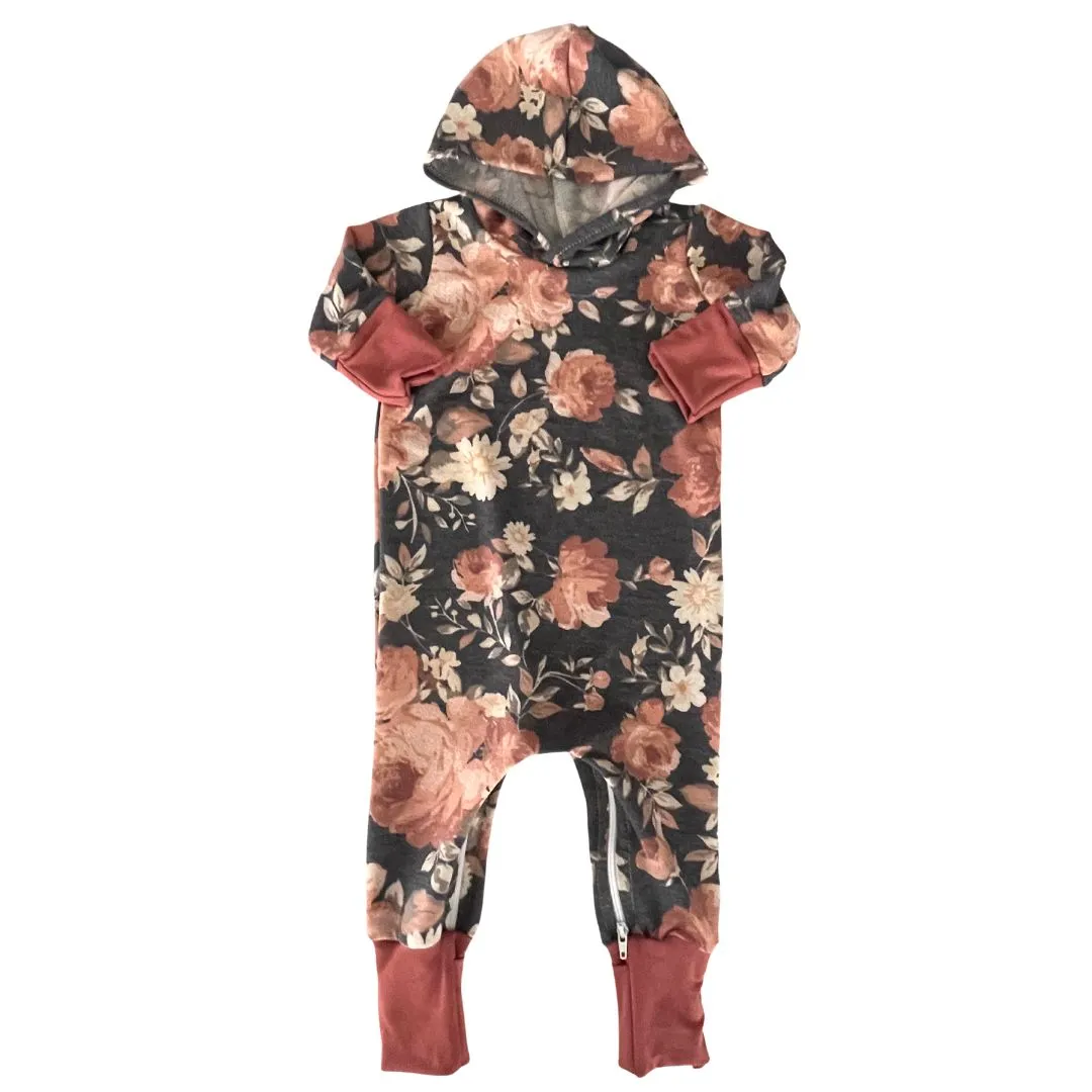 Charcoal Floral Hooded Zip Romper