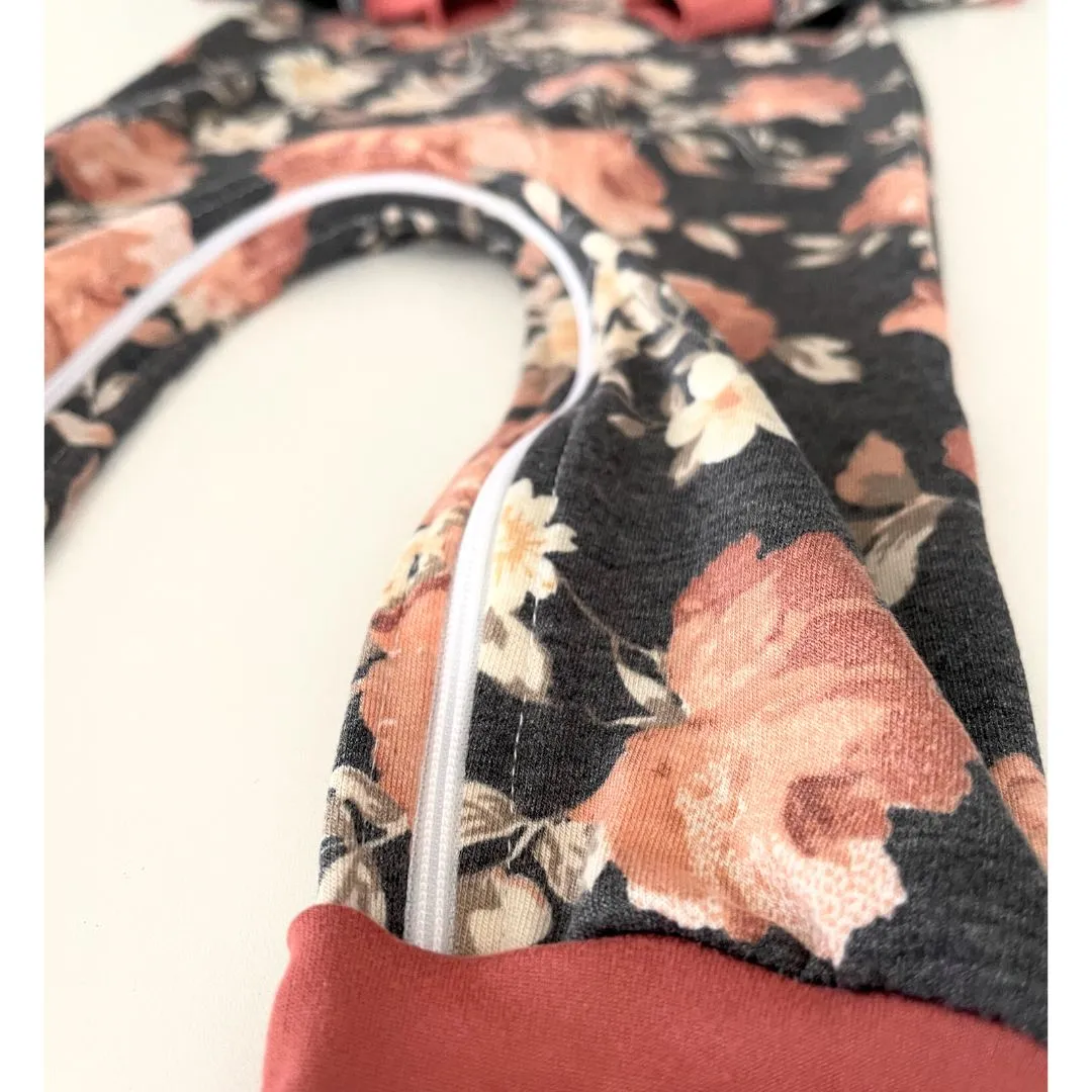 Charcoal Floral Hooded Zip Romper