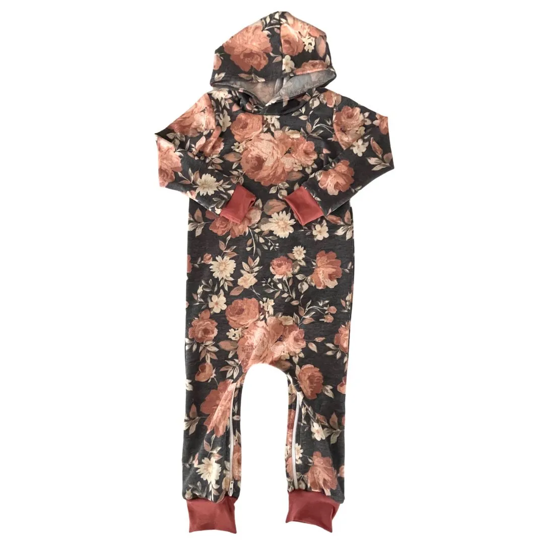 Charcoal Floral Hooded Zip Romper