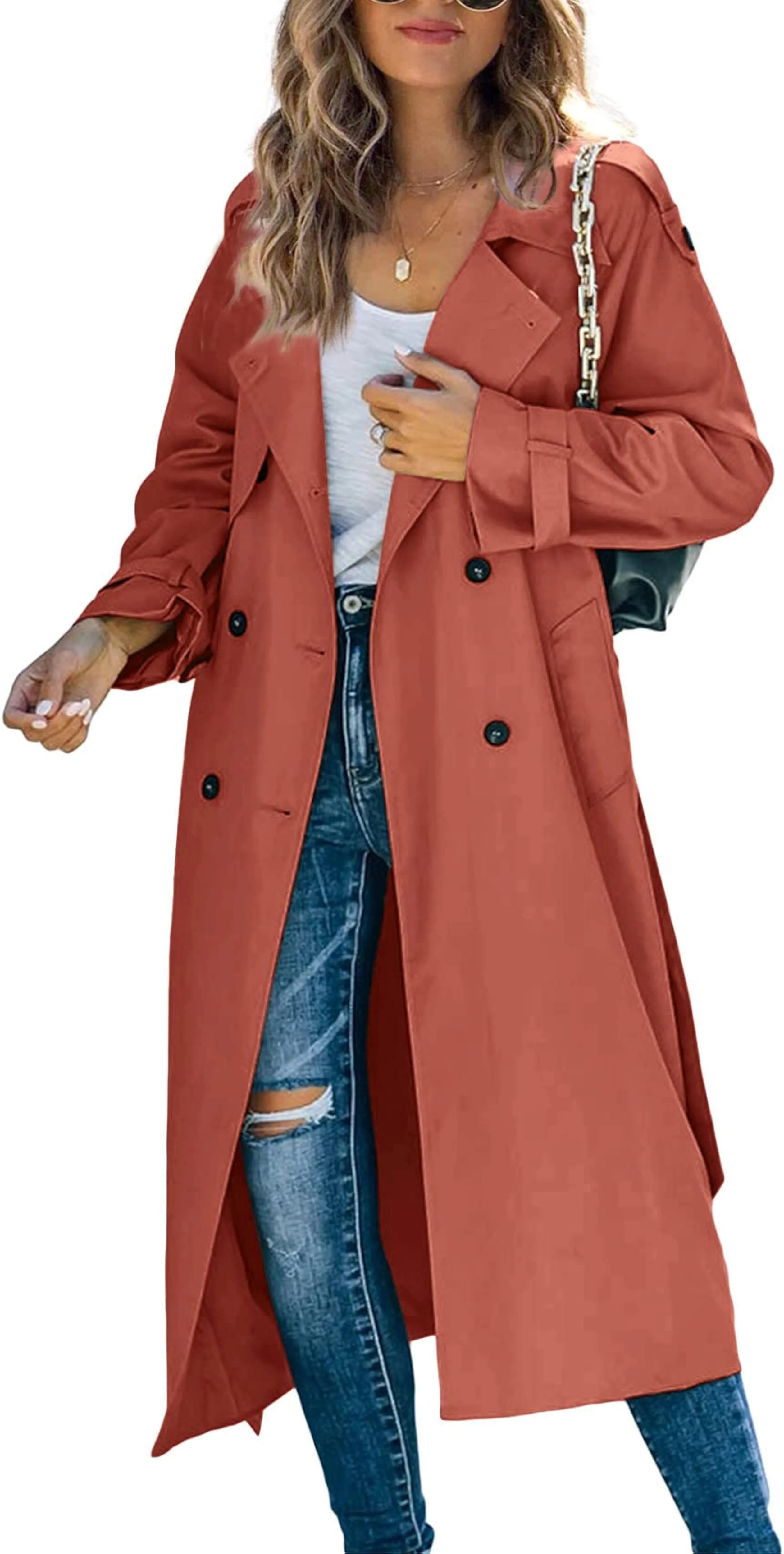 Classic Double Breasted Windproof Lapel Slim Navy Blue Trench Coat with Belt