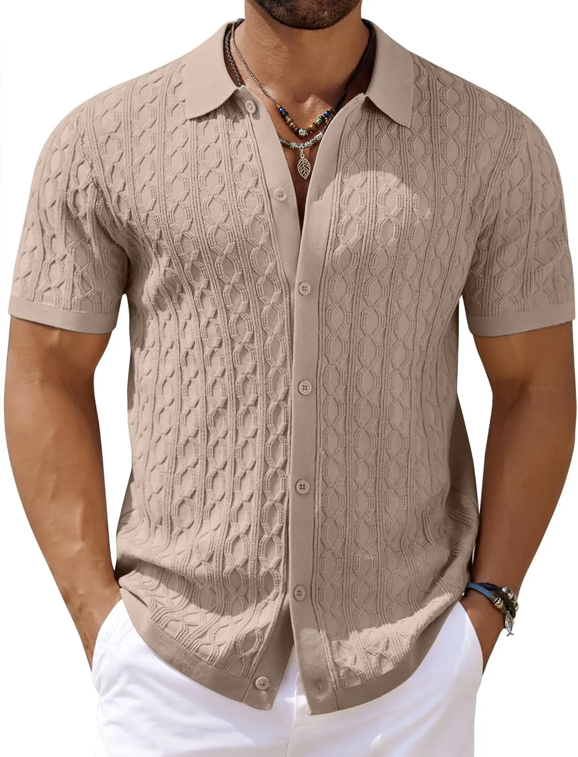 COOFANDY Men's Knit Short Sleeve Shirts Button Down Vintage Knitted Polo Shirt Casual Beach Crochet Cable Vacation Shirt