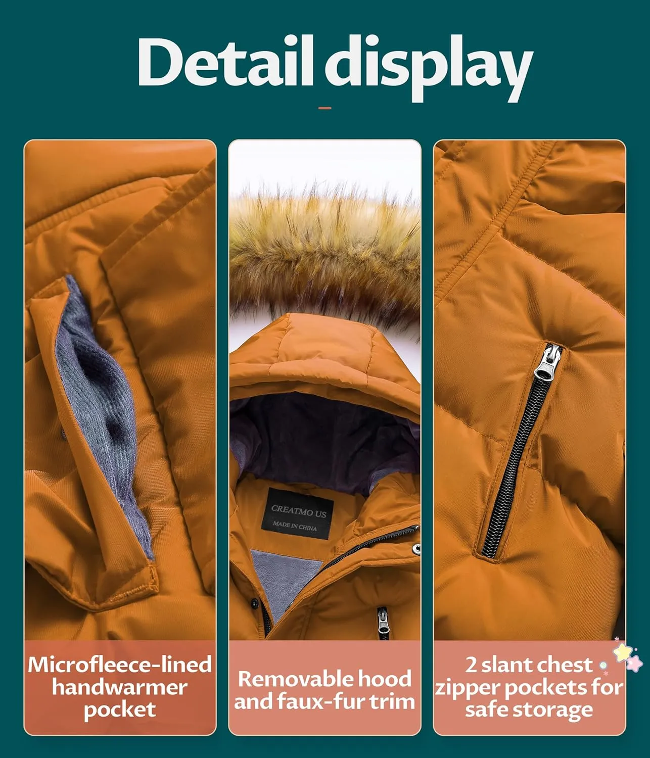 CREATMO US Boy's Winter Parka Water Resistant Hooded Puffer Fleece Lined Jackets Coats