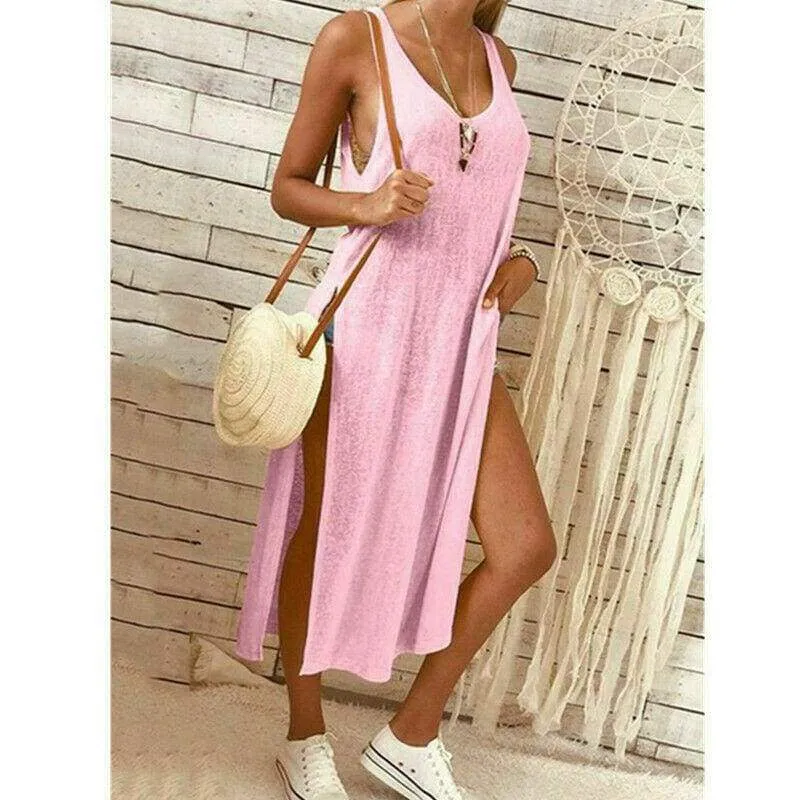 FashionSierra - Summer Women's Solid Color Split Sleeveless V-Neck Loose Casual Party Bohemian Dress Holiday Beach Sundress