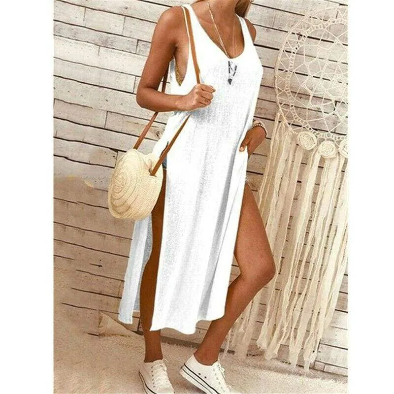 FashionSierra - Summer Women's Solid Color Split Sleeveless V-Neck Loose Casual Party Bohemian Dress Holiday Beach Sundress