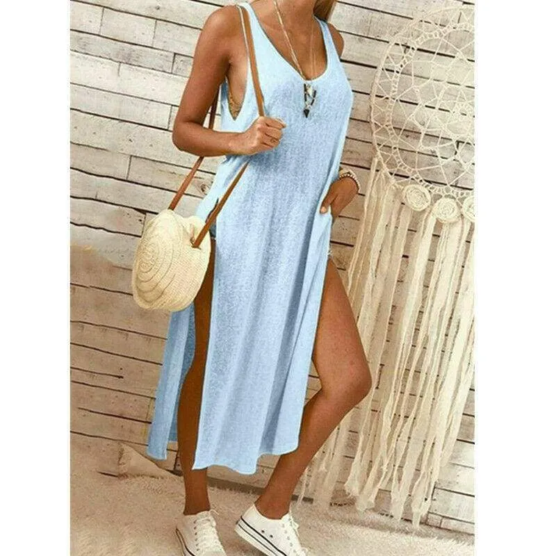 FashionSierra - Summer Women's Solid Color Split Sleeveless V-Neck Loose Casual Party Bohemian Dress Holiday Beach Sundress
