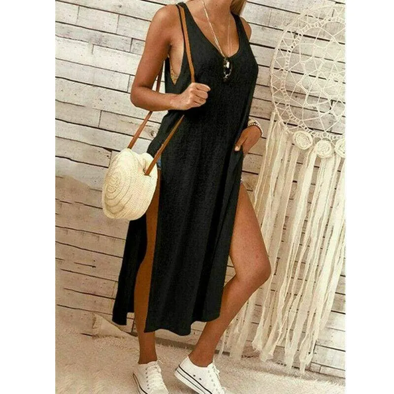 FashionSierra - Summer Women's Solid Color Split Sleeveless V-Neck Loose Casual Party Bohemian Dress Holiday Beach Sundress