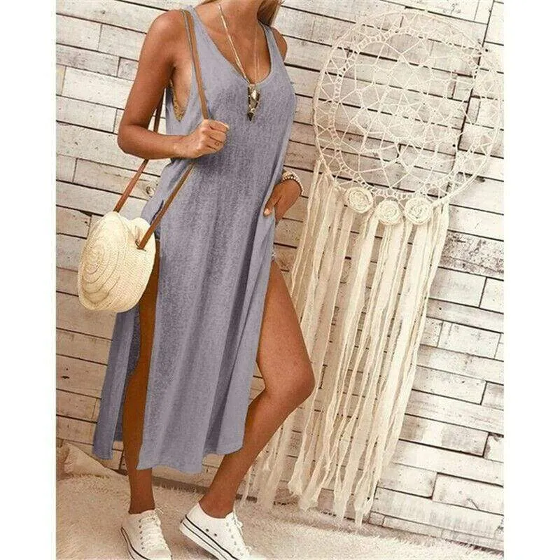 FashionSierra - Summer Women's Solid Color Split Sleeveless V-Neck Loose Casual Party Bohemian Dress Holiday Beach Sundress