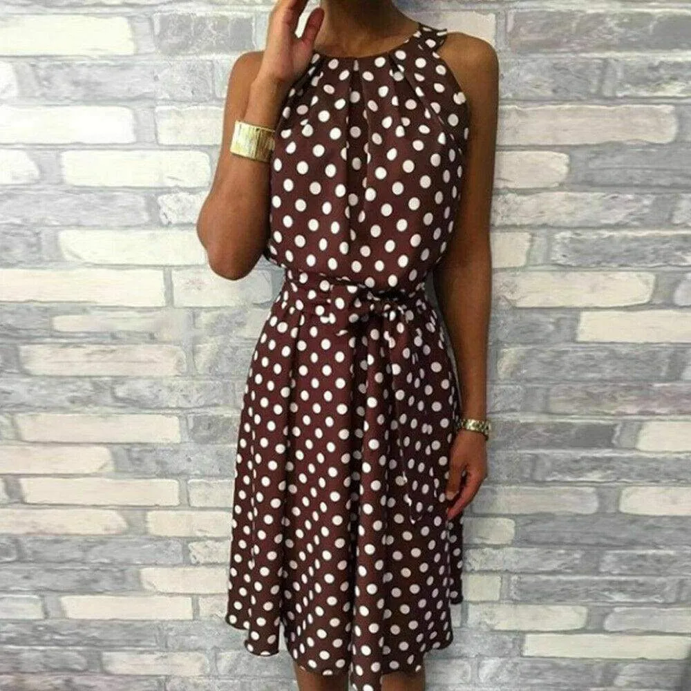 FashionSierra - Women Sleeveless Polka Dot Midi Dress 2019 Fashion Ladies Summer Beach Casual Bandage Belt Dress Sundress