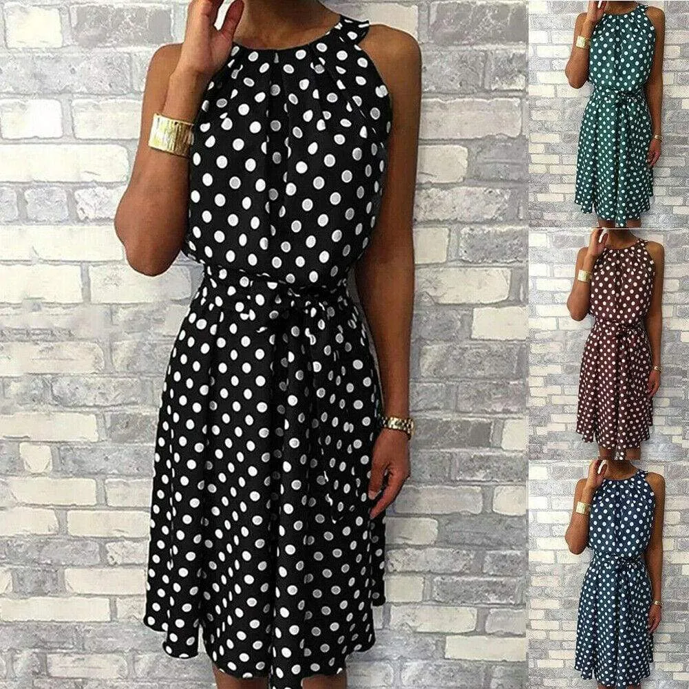 FashionSierra - Women Sleeveless Polka Dot Midi Dress 2019 Fashion Ladies Summer Beach Casual Bandage Belt Dress Sundress