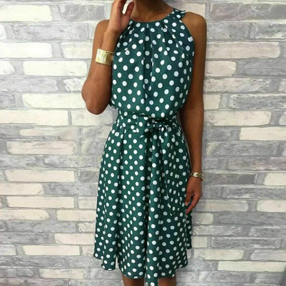 FashionSierra - Women Sleeveless Polka Dot Midi Dress 2019 Fashion Ladies Summer Beach Casual Bandage Belt Dress Sundress