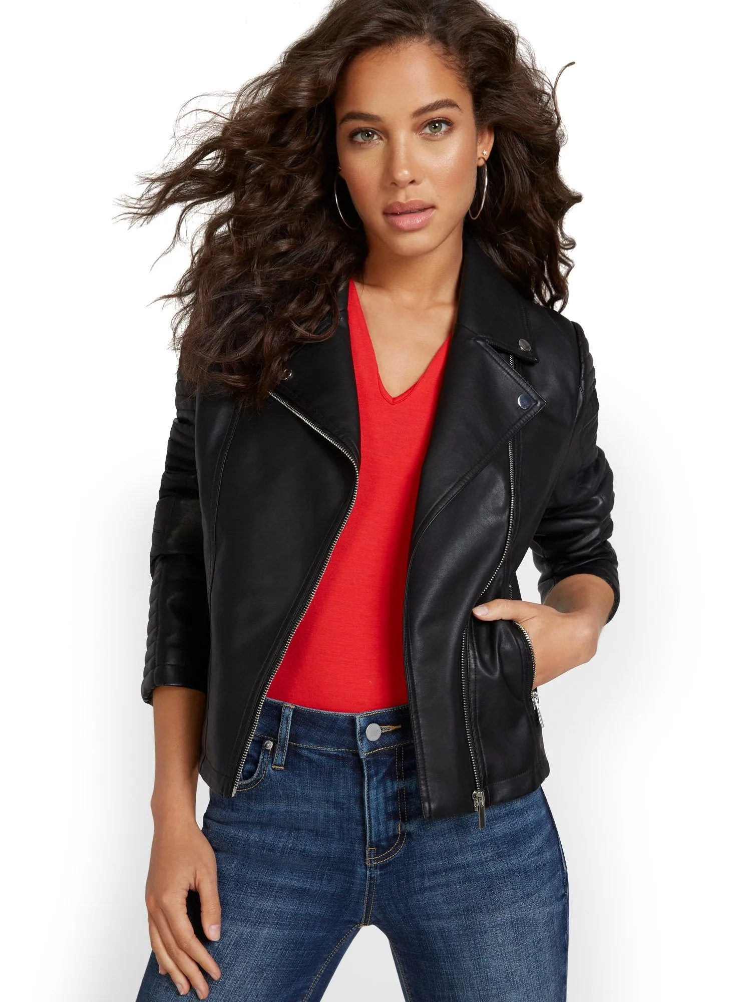 Faux-Leather Asymmetrical Trapunto Moto Jacket