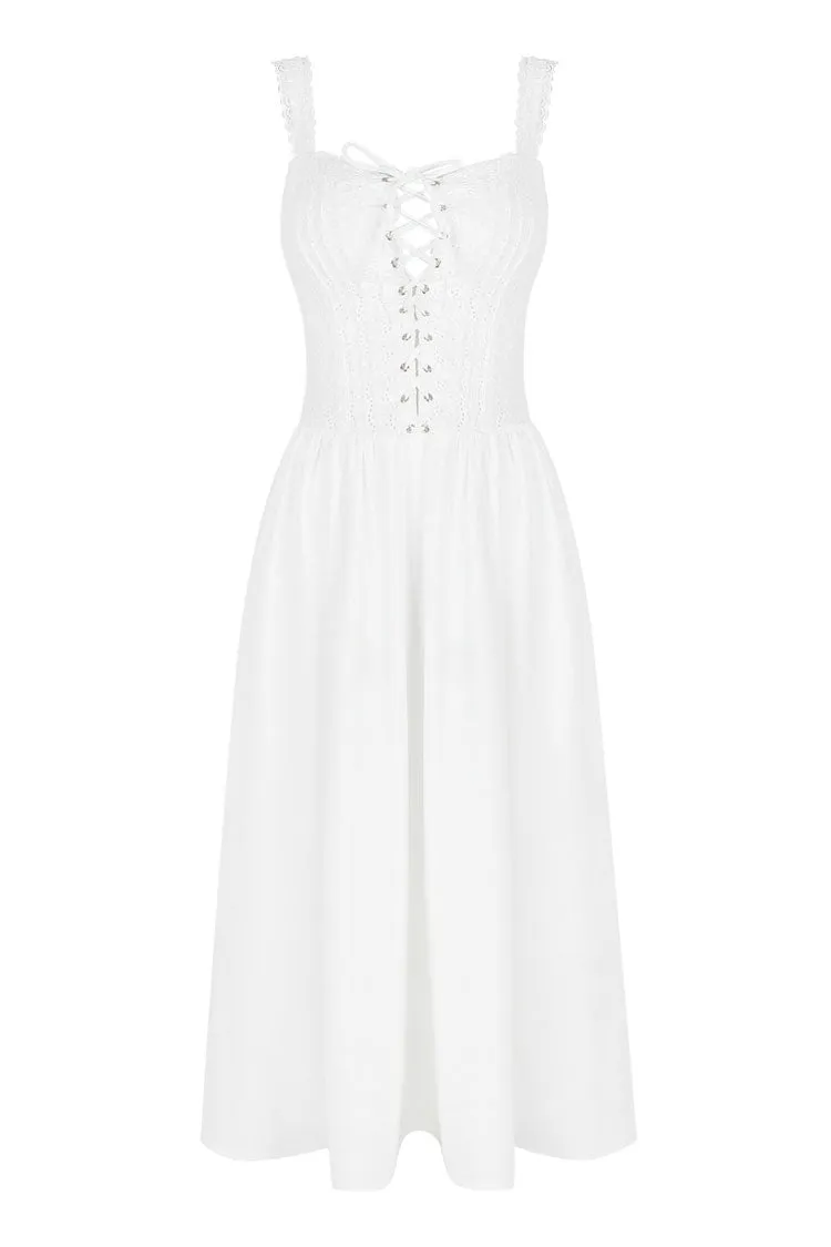 French Style Scalloped Lace Up Broderie Anglaise Vacation Midi Sundress