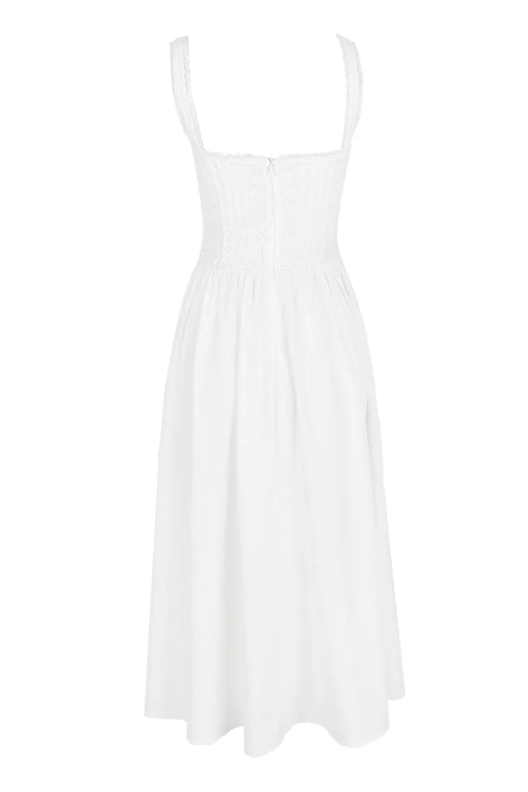 French Style Scalloped Lace Up Broderie Anglaise Vacation Midi Sundress