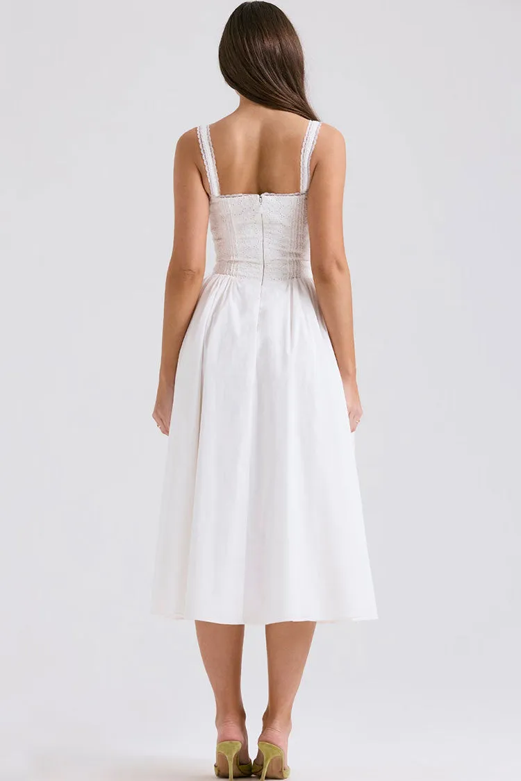French Style Scalloped Lace Up Broderie Anglaise Vacation Midi Sundress