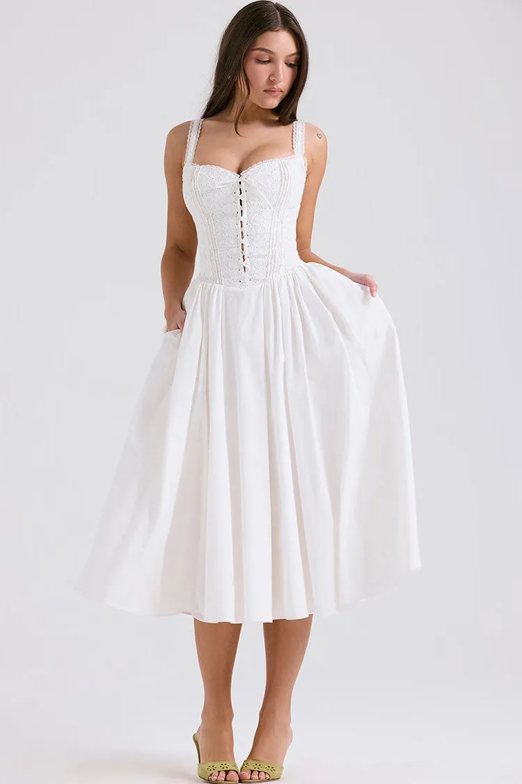 French Style Scalloped Lace Up Broderie Anglaise Vacation Midi Sundress