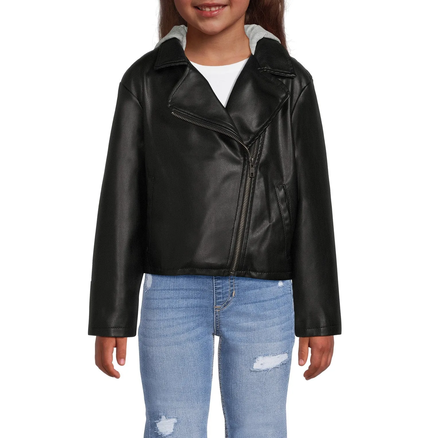 Girls Faux Leather Moto Jacket with Knit Hood - ZB148