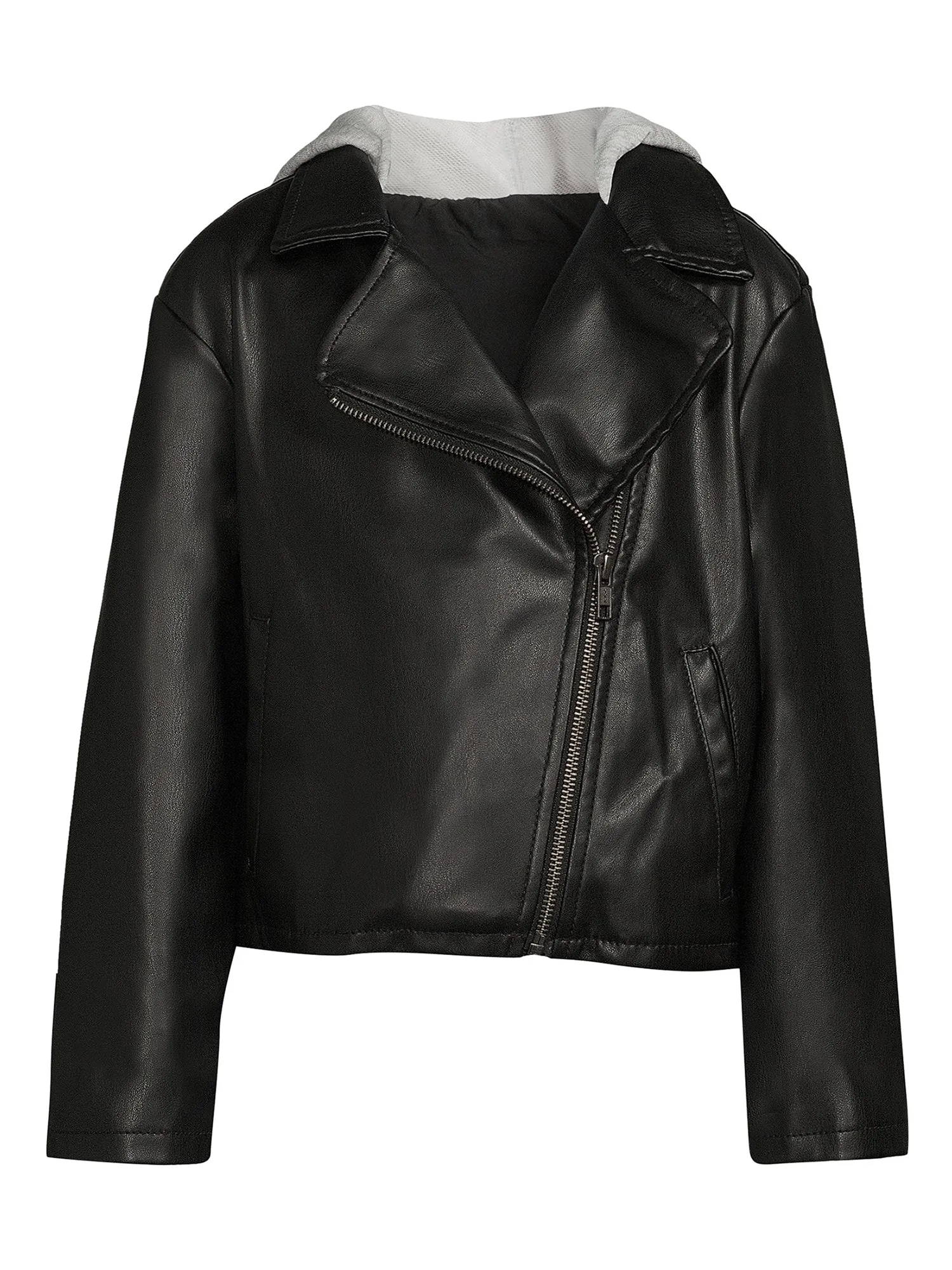 Girls Faux Leather Moto Jacket with Knit Hood - ZB148