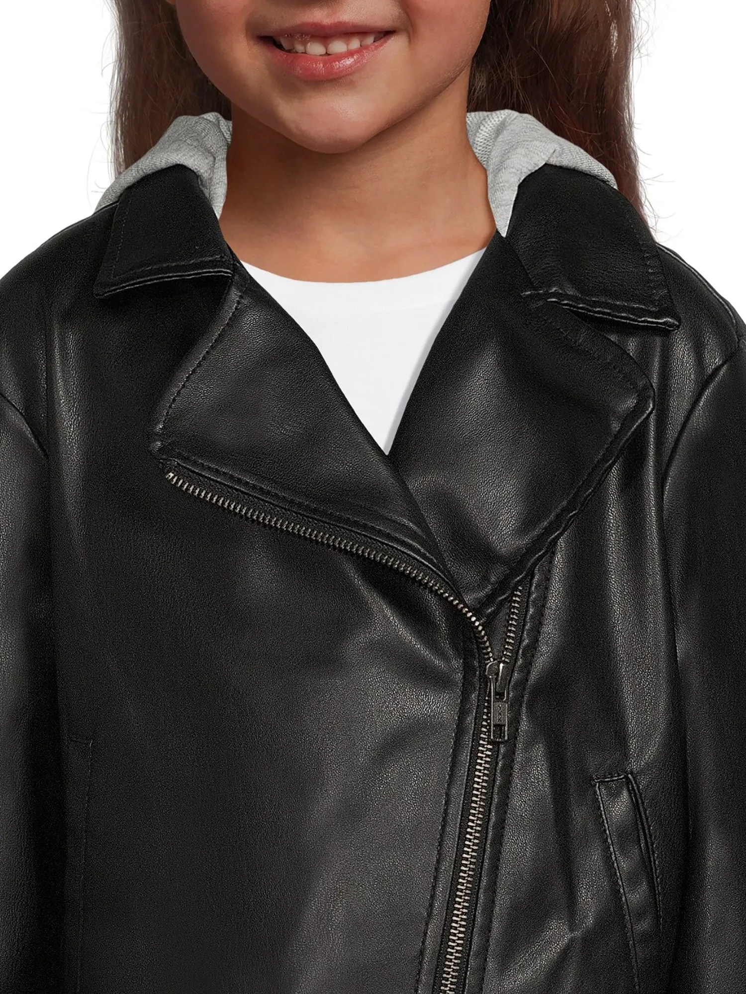 Girls Faux Leather Moto Jacket with Knit Hood - ZB148