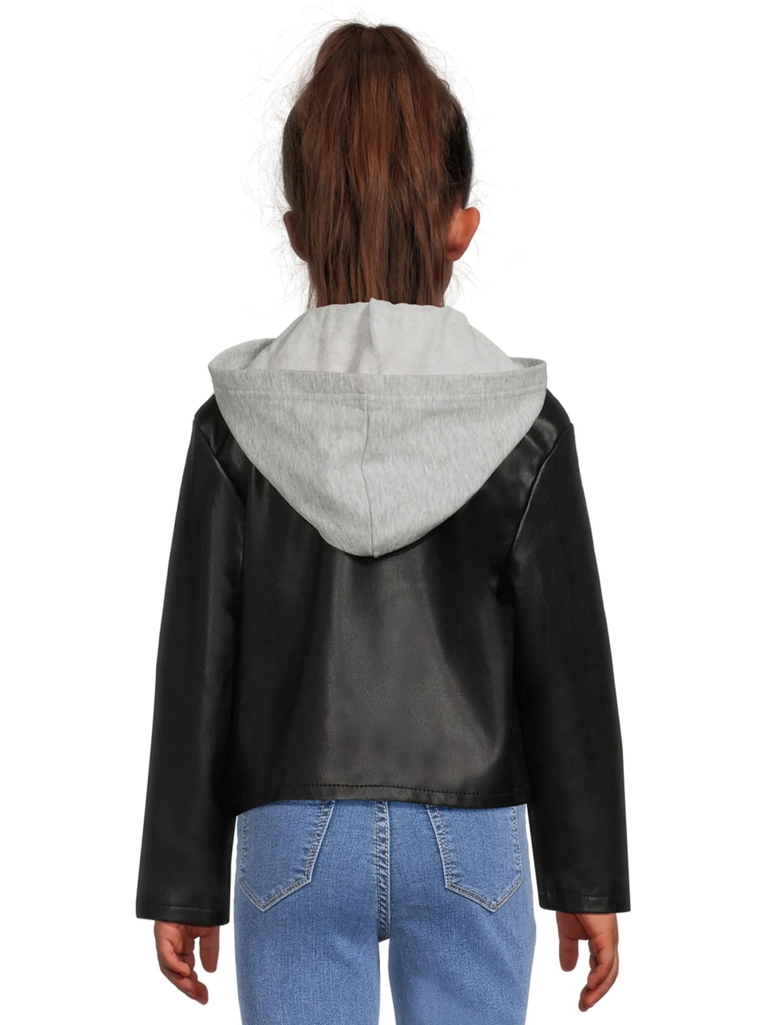 Girls Faux Leather Moto Jacket with Knit Hood - ZB148