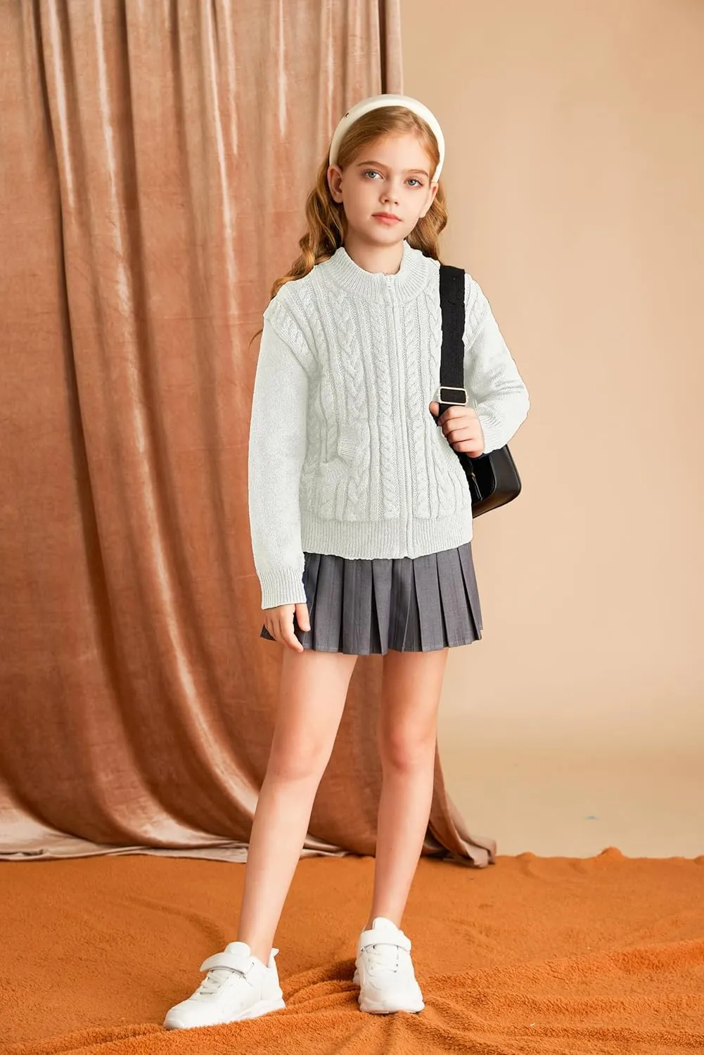 GRACE KARIN Girls Knit Cardigan Sweater Zip Long Sleeve Kids School Uniform Fall Jacket Size 6-14